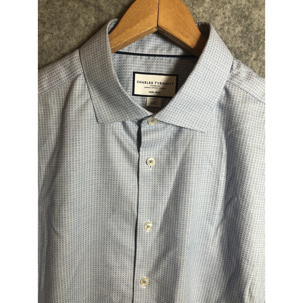 Charles Tyrwhitt Dress Shirt Mens 17-35 Blue Check Classic Fit Non-Iron Classic